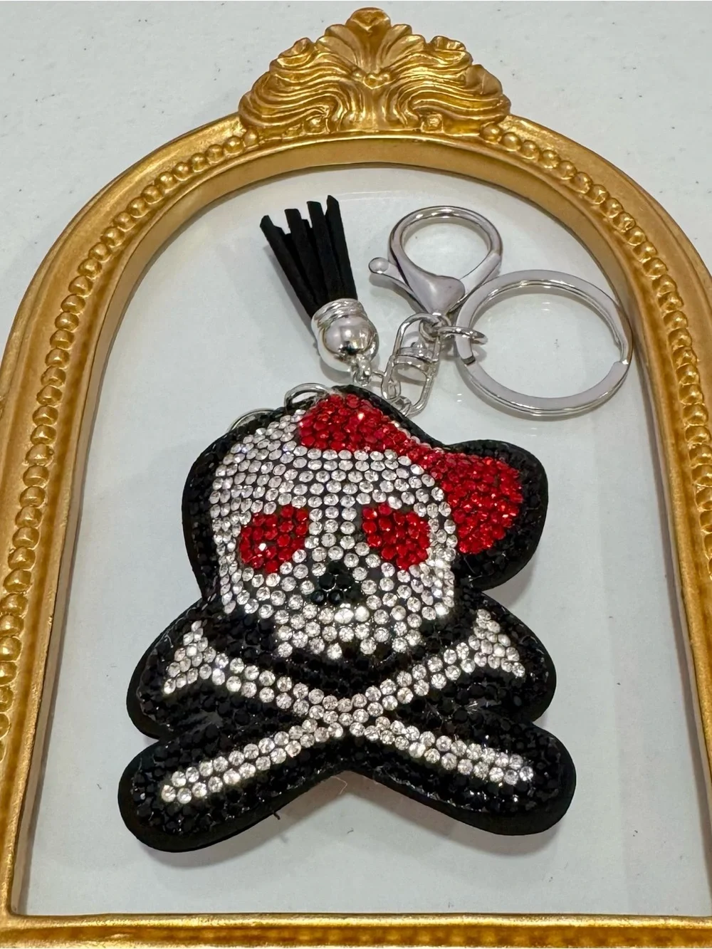 New Crystal Skull & Crossbones Keychain with Red Accents